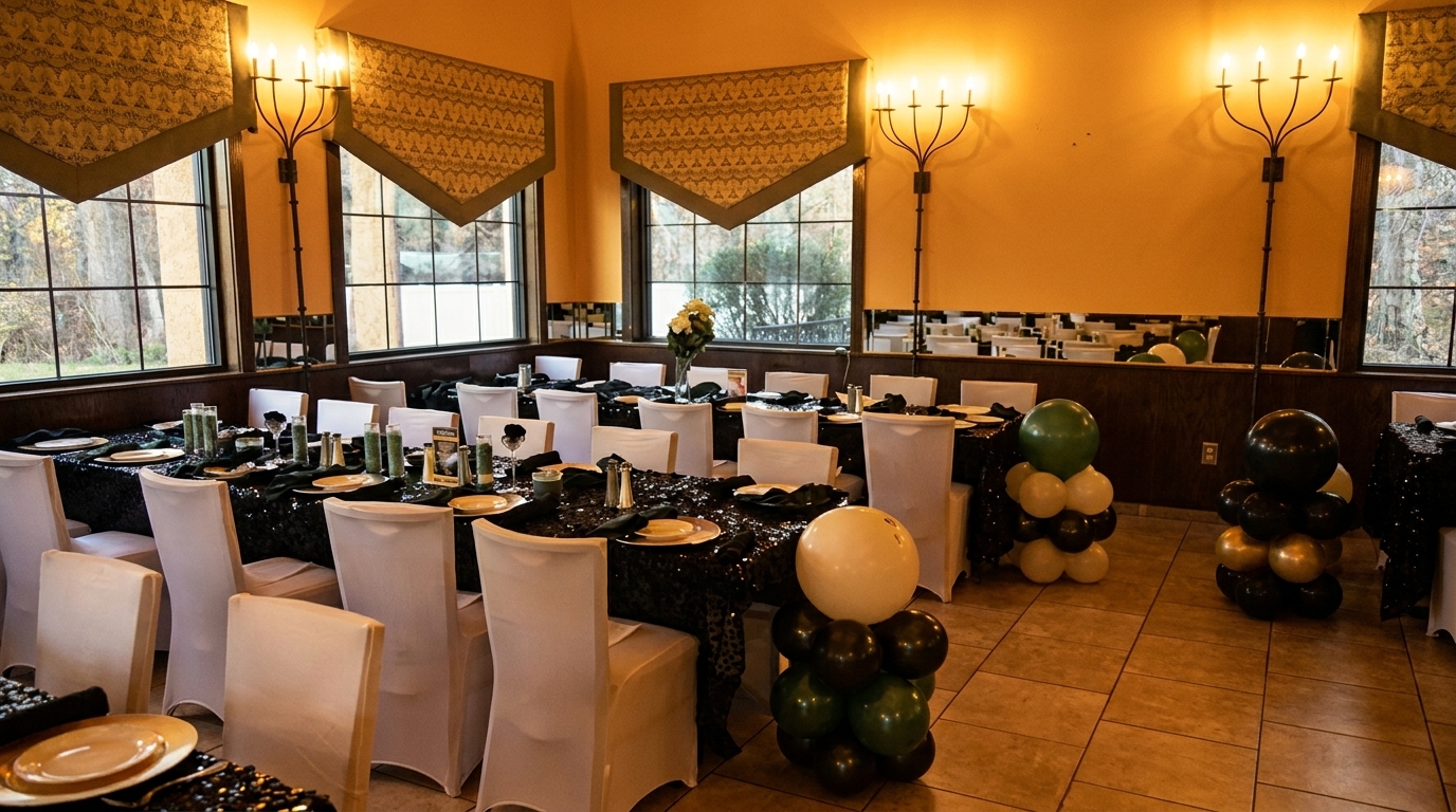 A restaurant dining room set for an event with black sequin tablecloths, white chairs, and balloon decorations.