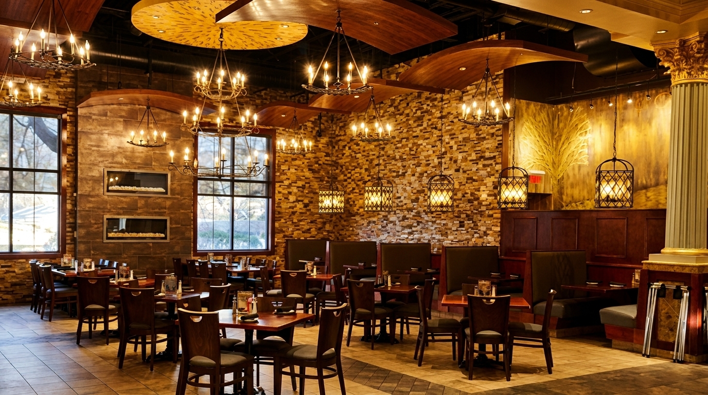 Warmly lit restaurant interior with dark wood tables, chairs, and booths, stone walls, and ornate chandeliers.