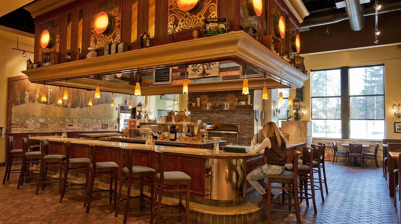 A woman sits at a long, curved bar in a restaurant with warm lighting and large windows.
