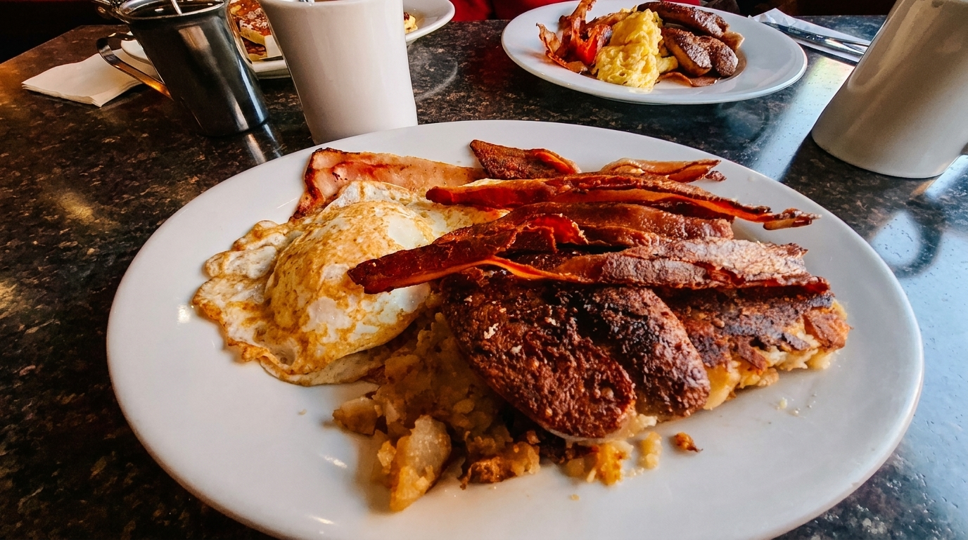 Plates of breakfast food with fried eggs, bacon, sausage, and home fries on a dark table.