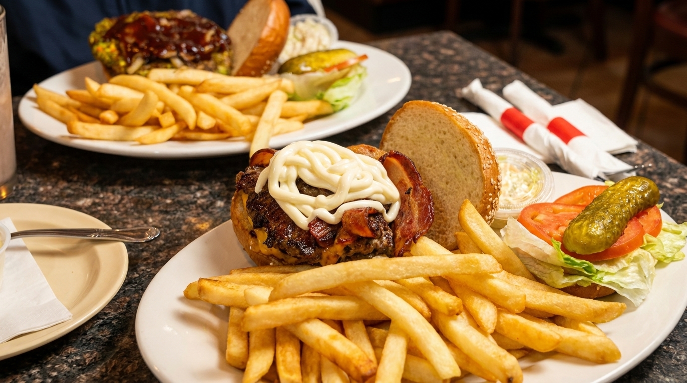 Two plates of burgers with fries, one topped with mayonnaise and bacon, on a dark speckled table.