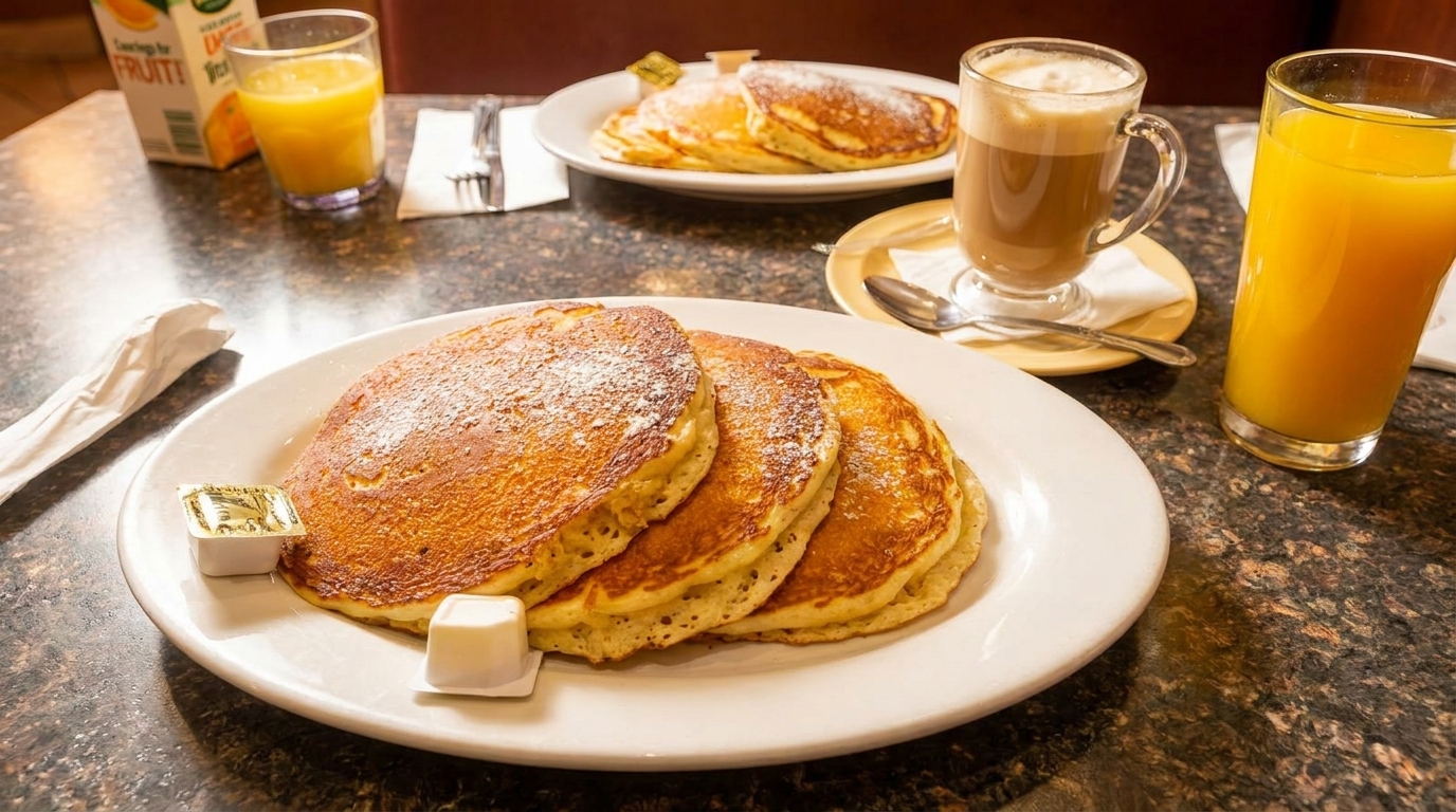 Plates of pancakes with powdered sugar, butter, orange juice, and coffee on a diner table.