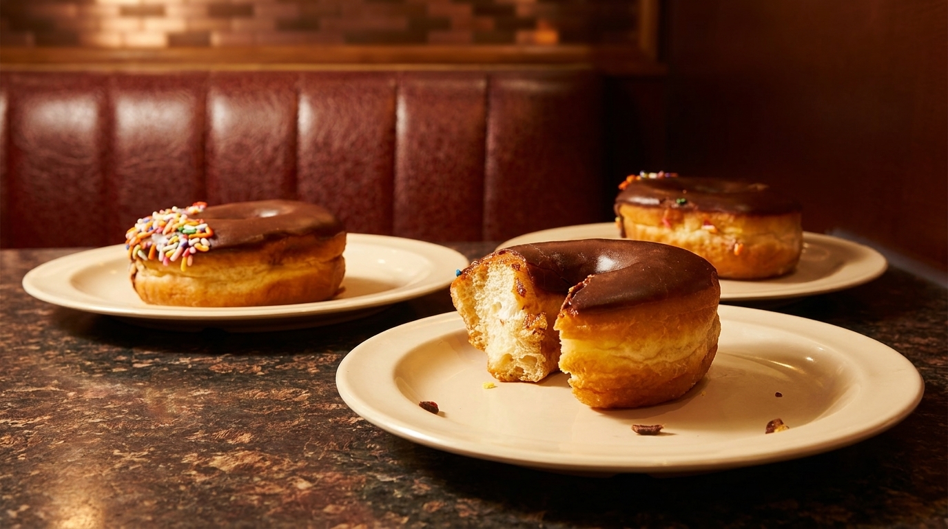 Three chocolate-frosted donuts on plates, one with a bite taken, on a diner table.