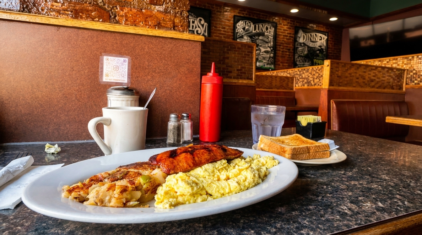 A diner breakfast with scrambled eggs, hash browns, grilled salmon, and toast on a table.