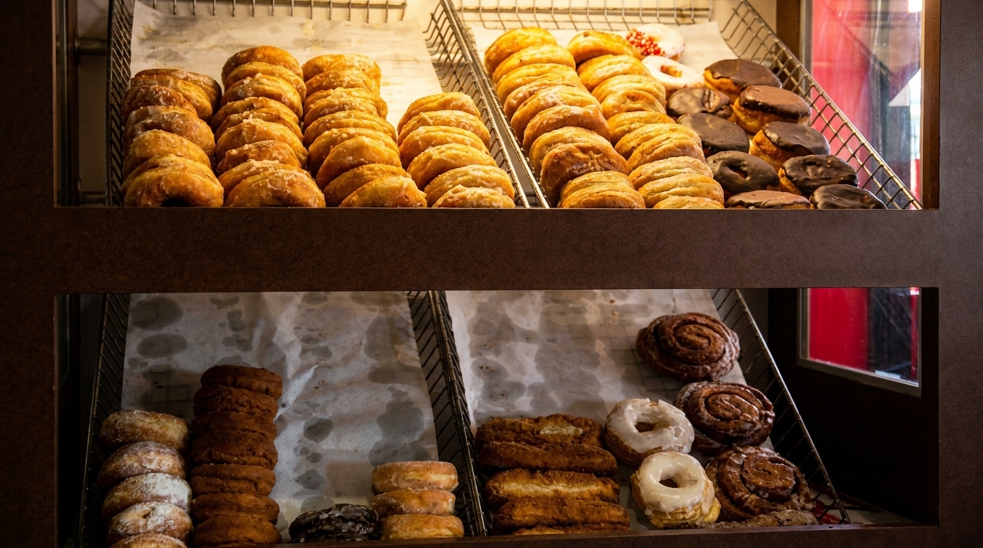 Two shelves filled with various fresh donuts, including glazed, chocolate, and cinnamon rolls.