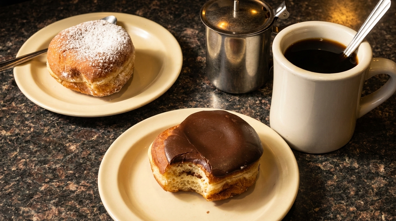 Two donuts, one powdered and one chocolate-frosted with a bite taken, next to a cup of coffee.