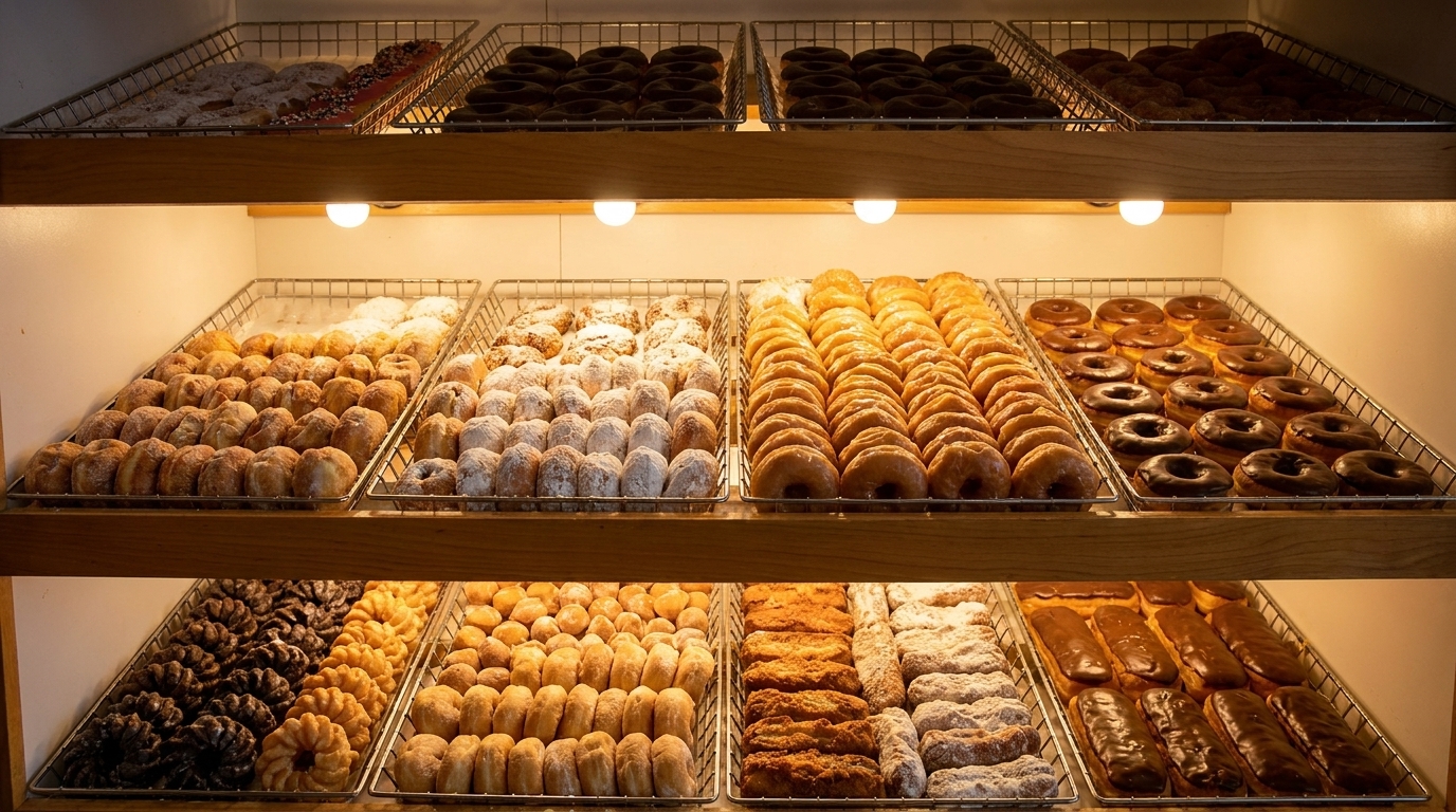 A brightly lit display case filled with rows of various fresh donuts and pastries.