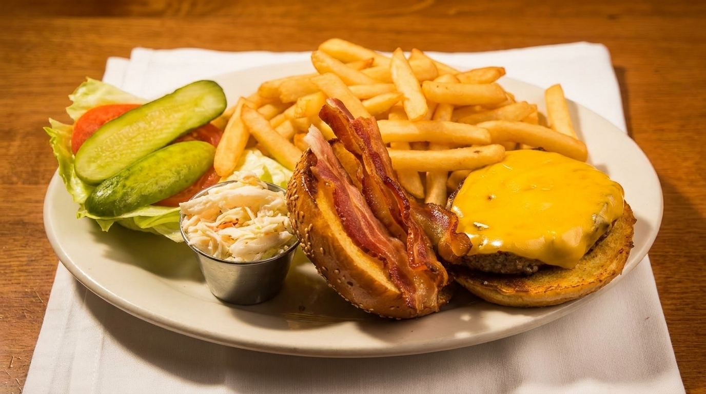 Cheeseburger with bacon, fries, coleslaw, lettuce, tomato, and pickles on a white plate.