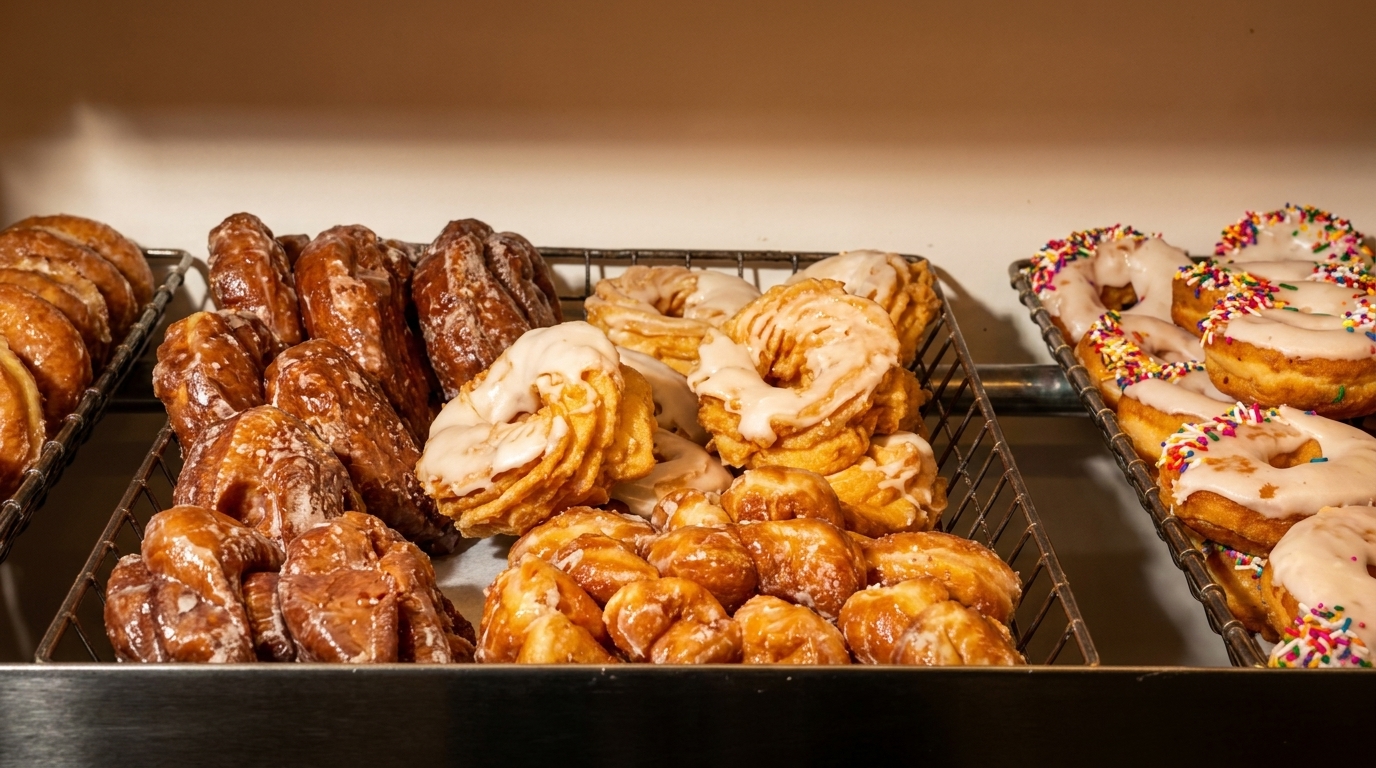 Three trays of fresh donuts, including glazed, crullers, and sprinkle-covered varieties, displayed in a bakery.
