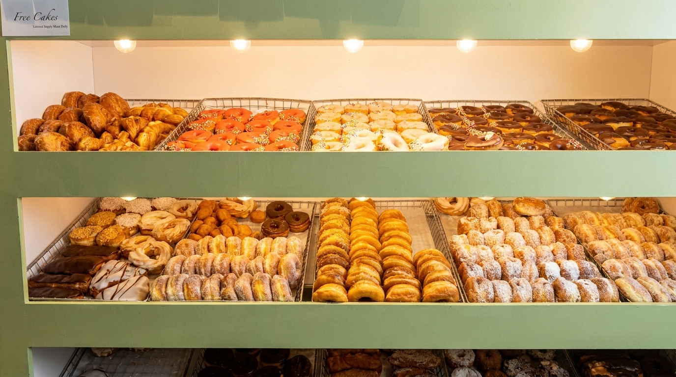 A brightly lit display case filled with rows of various donuts, pastries, and croissants.
