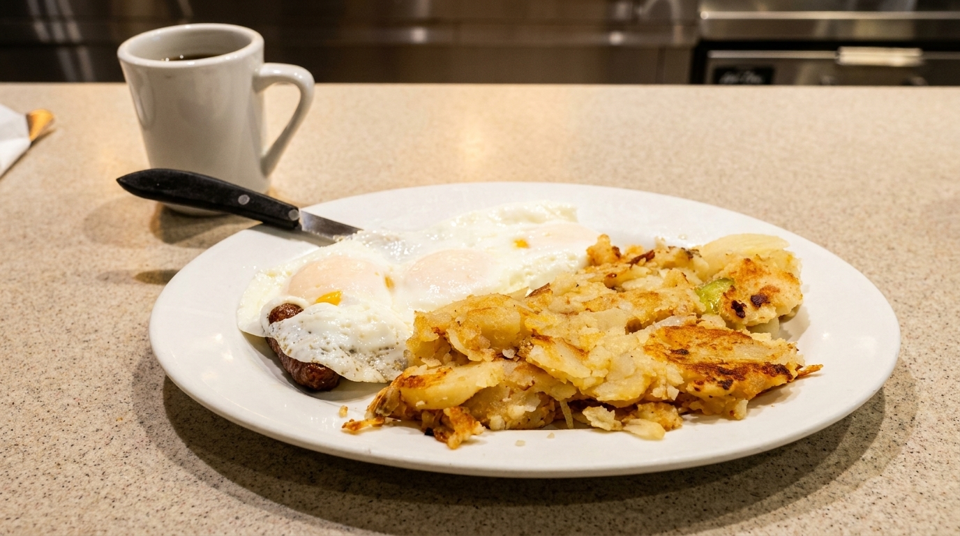 A breakfast plate with fried eggs, sausage, hash browns, and a cup of coffee on a diner counter.