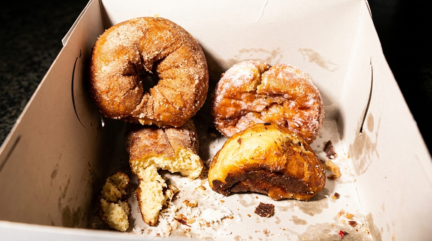 Four sugar-dusted donuts, two whole and two broken, in a grease-stained white box.