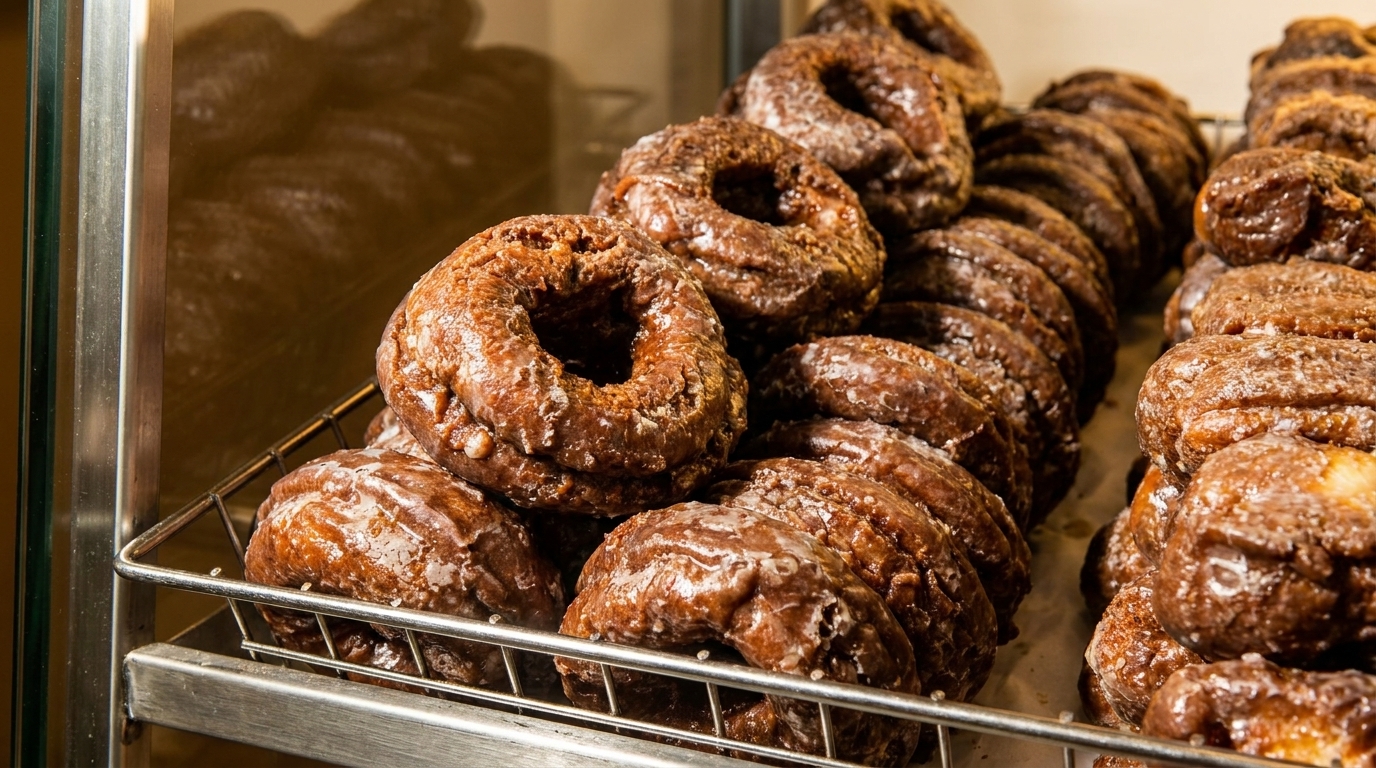 Rows of freshly baked, glazed chocolate old-fashioned donuts displayed in a metal rack.