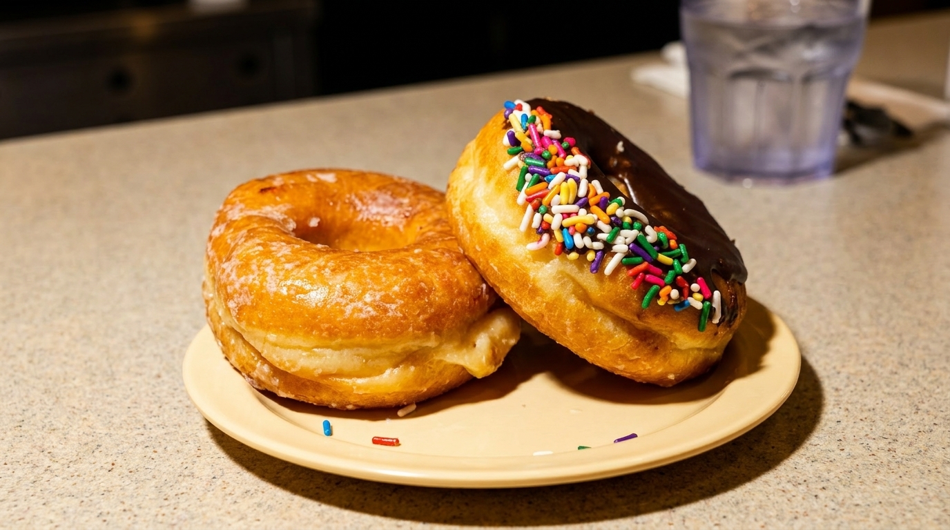 Two donuts on a yellow plate, one glazed and one chocolate with colorful sprinkles.