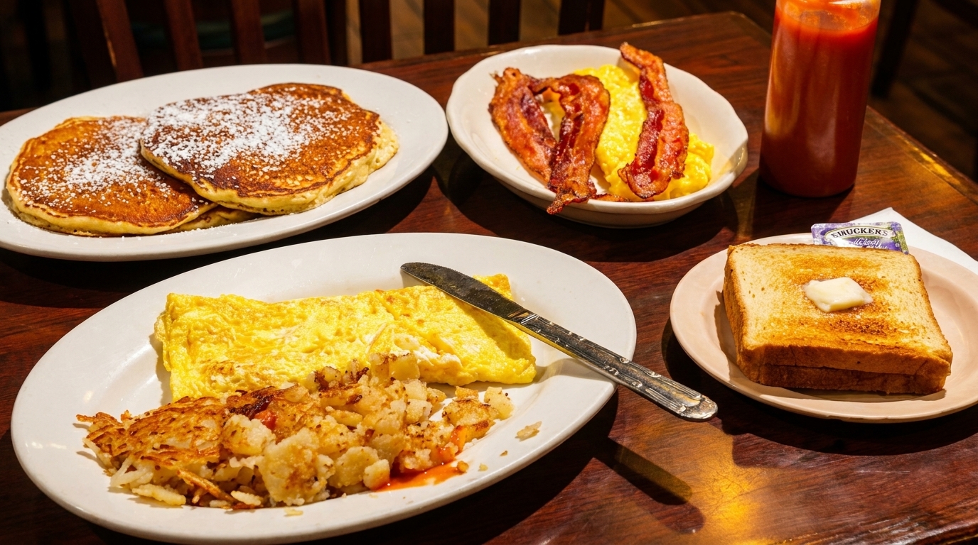 A full breakfast spread with pancakes, omelet, hash browns, bacon, scrambled eggs, and toast.