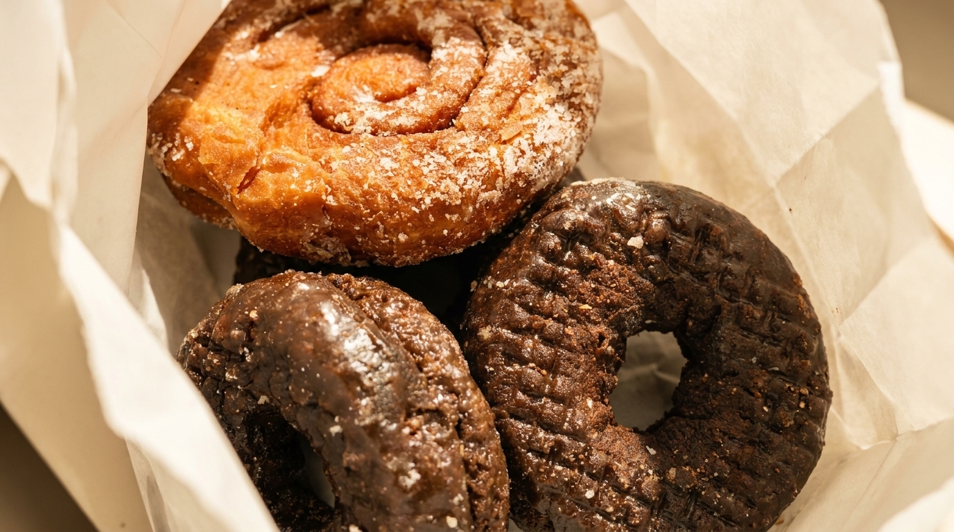 A paper bag holds a sugar-dusted cinnamon roll and two chocolate donuts.