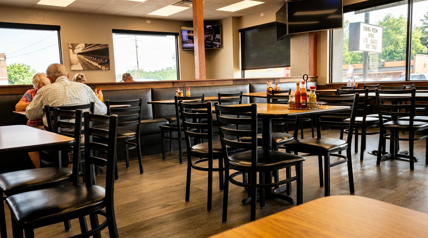 Interior of a casual restaurant with black booths, wooden tables, and a few patrons seated.