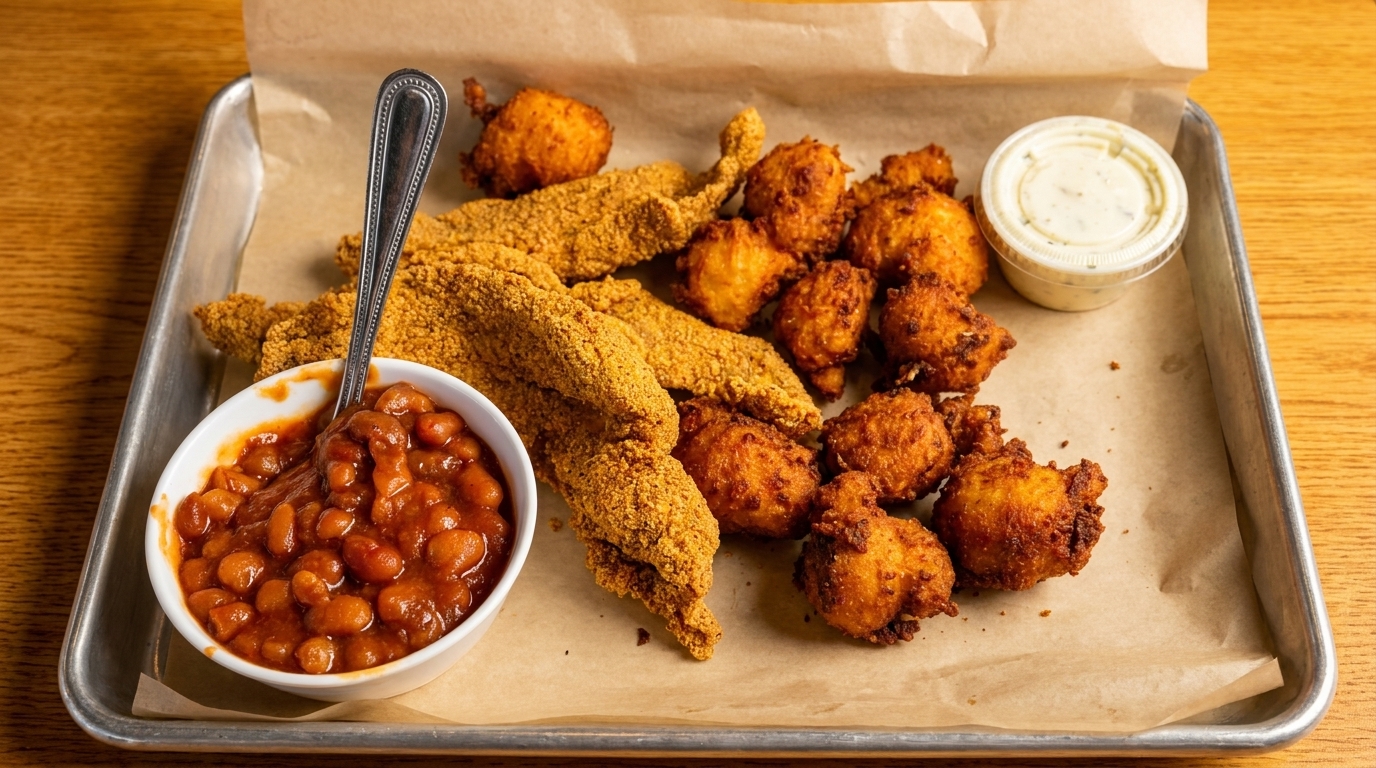 Fried catfish fillets, hush puppies, baked beans, and tartar sauce on a metal tray.