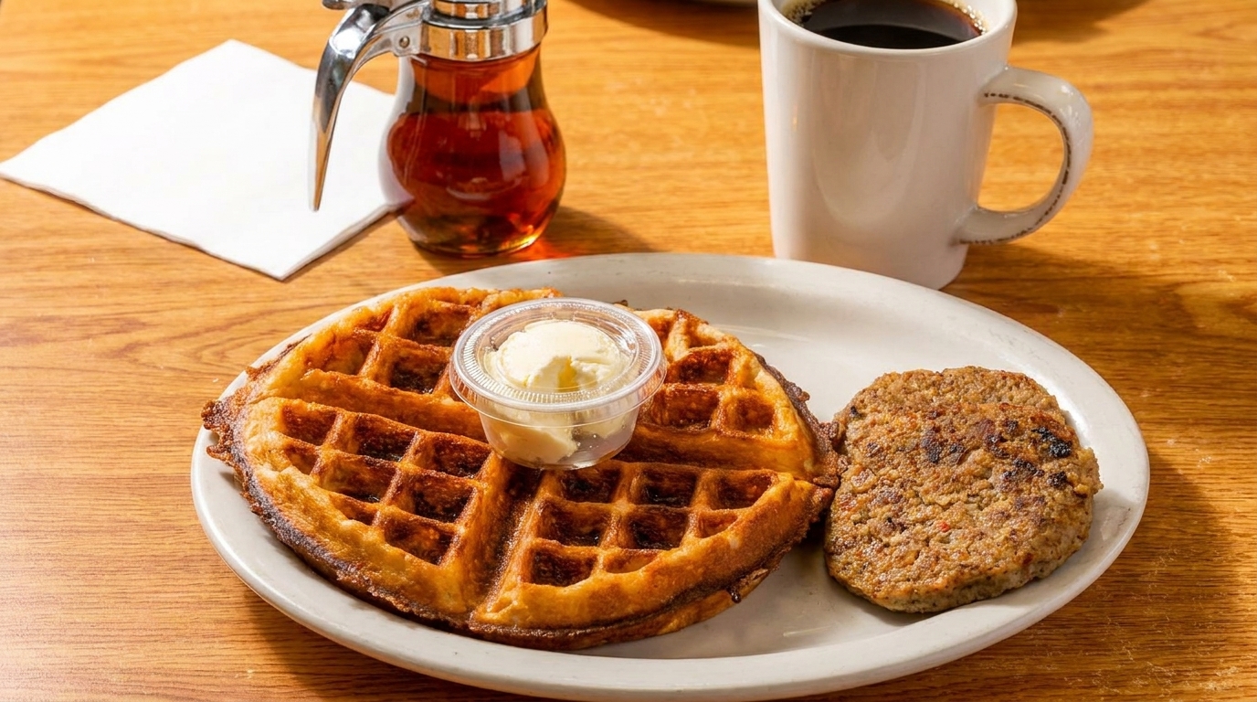 Golden waffle with butter, sausage patty, maple syrup, and coffee on a wooden table.