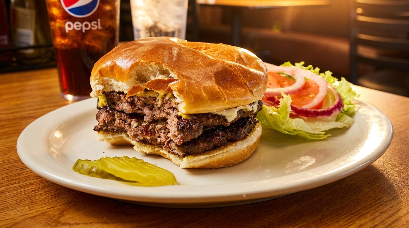 A double cheeseburger with a bite taken out, served with lettuce, tomato, onion, and a pickle.