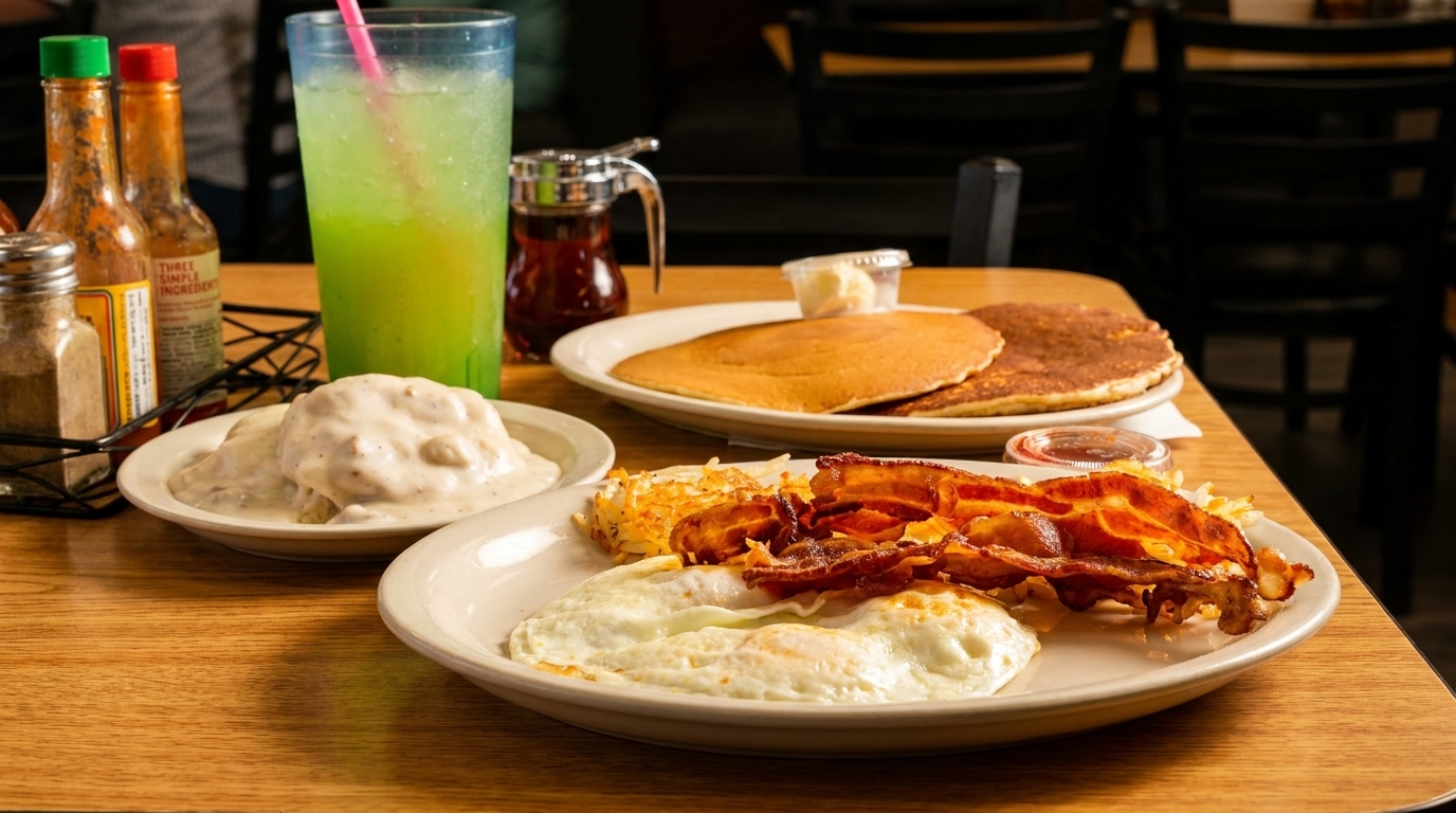 A diner table laden with a full breakfast of eggs, bacon, hash browns, biscuits and gravy, and pancakes.