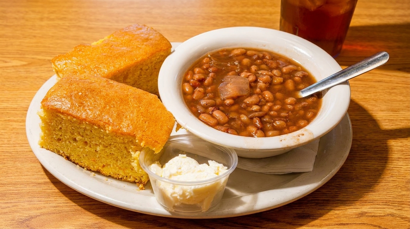 A bowl of baked beans with two pieces of cornbread and butter on a white plate.