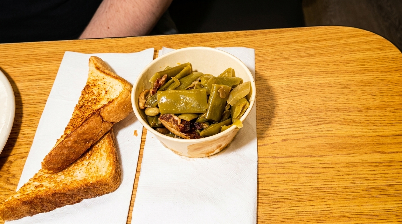 A side of green beans and two pieces of toasted bread on a wooden table.