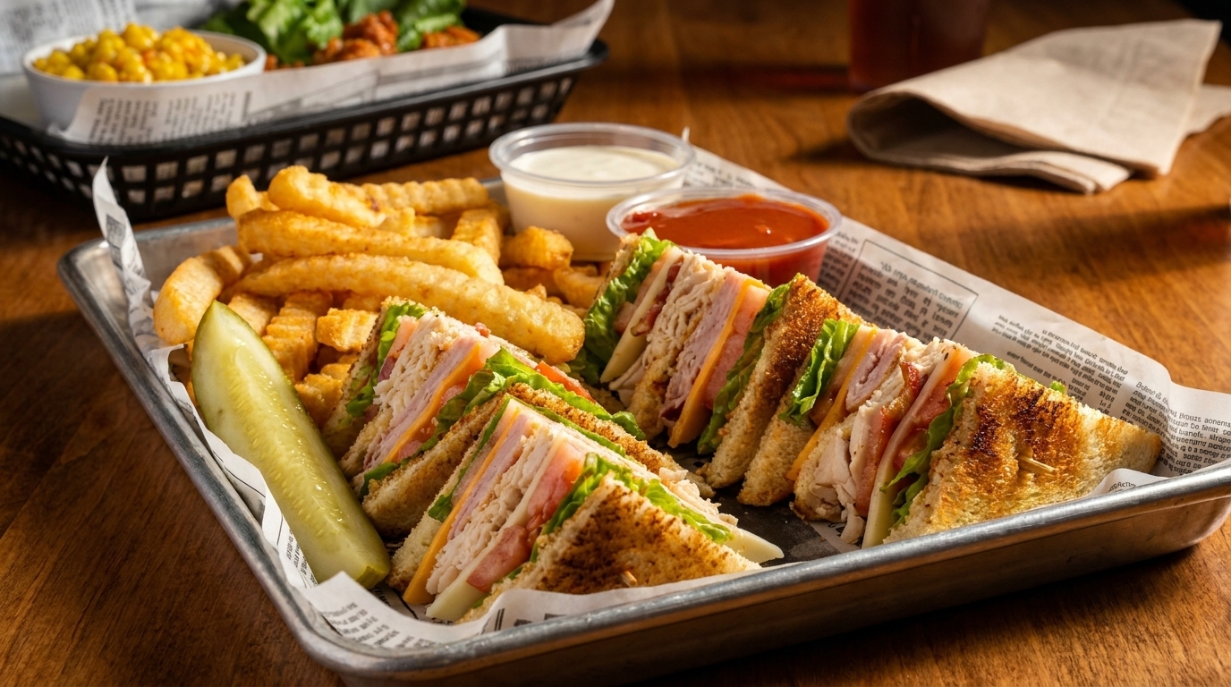 Club sandwich with fries, a pickle spear, and dipping sauces on a metal tray with newspaper lining.