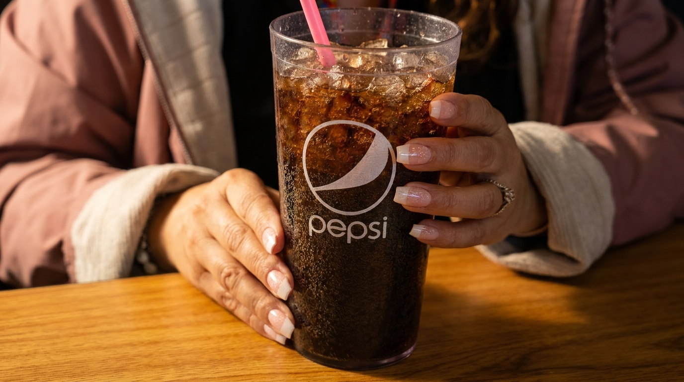 Hands holding a clear plastic cup of Pepsi with ice and a pink straw on a wooden table.