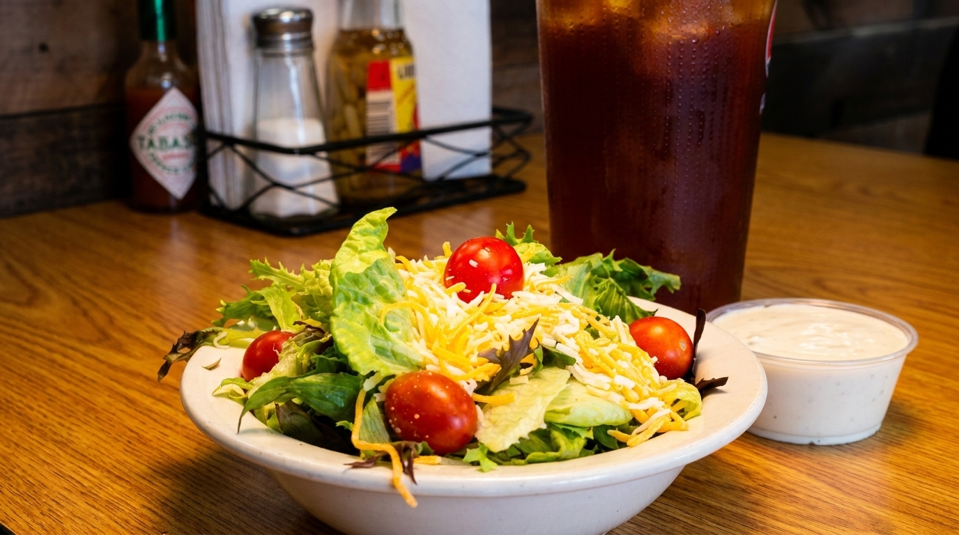 Side salad with lettuce, shredded cheese, cherry tomatoes, and a cup of ranch dressing.