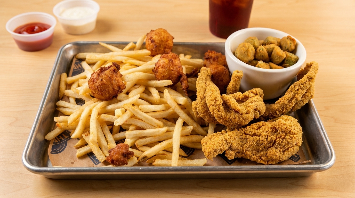 Fried catfish, hush puppies, and french fries on a metal tray with a side of fried okra.