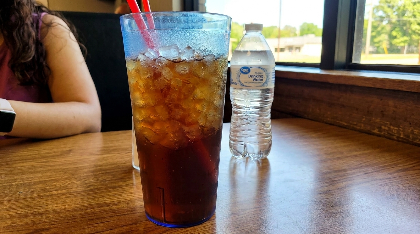 Iced tea with a red straw and a bottled water on a wooden table next to a person.