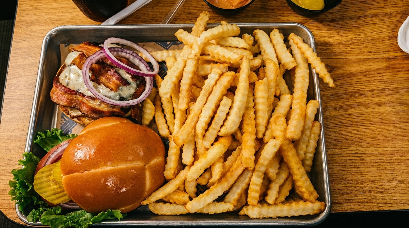 A bacon cheeseburger with red onion, lettuce, and pickles, served with crinkle-cut fries on a metal tray.
