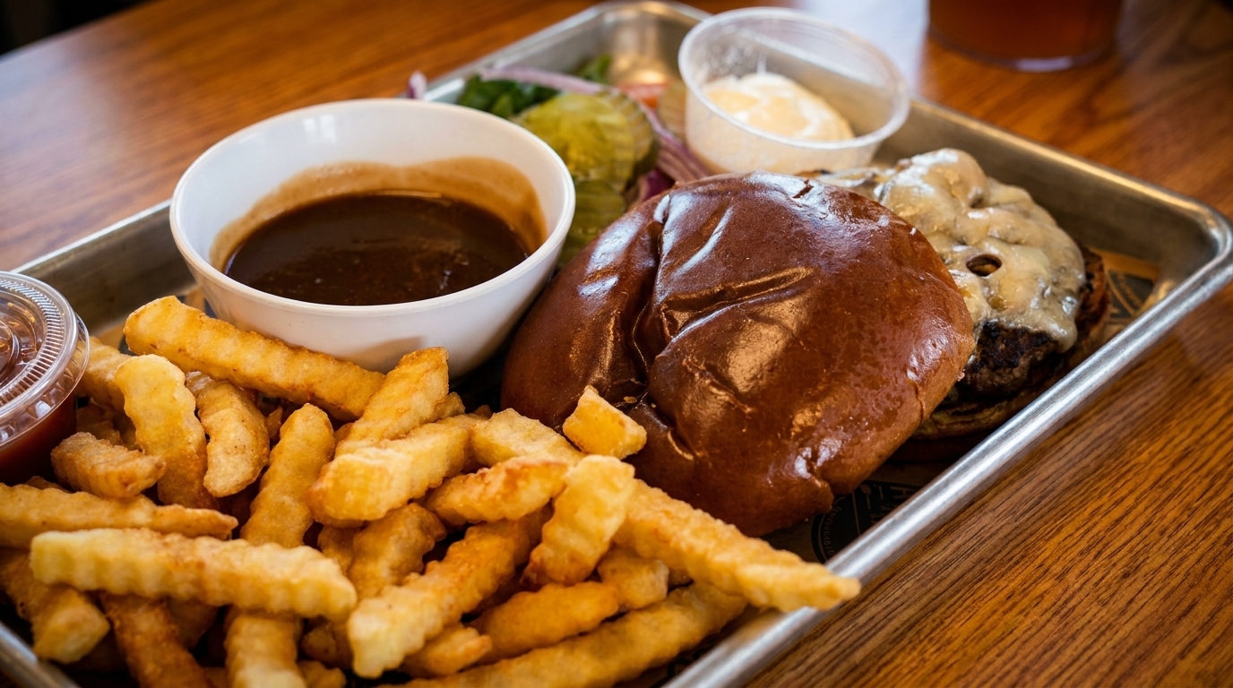 A burger with melted cheese, crinkle-cut fries, and dipping sauces on a metal tray.