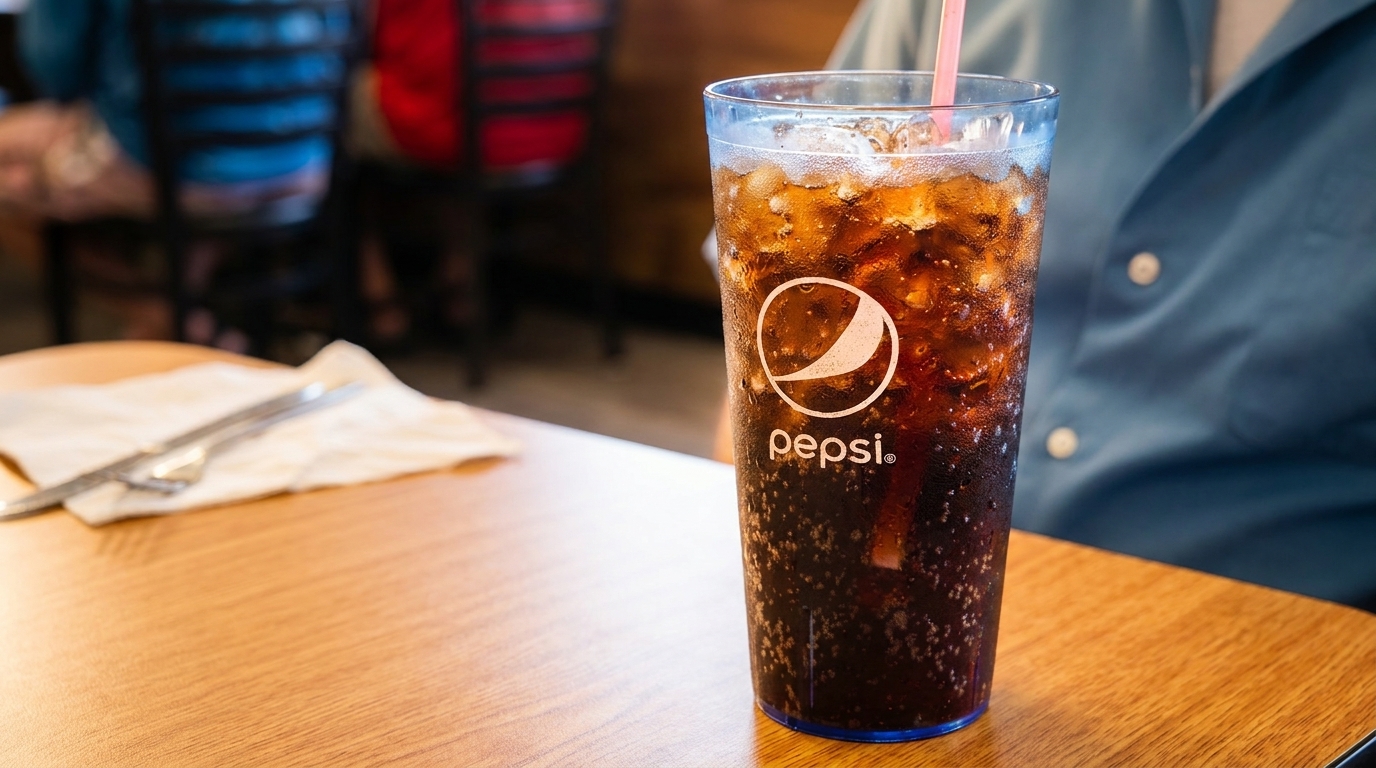 A Pepsi soda with ice and a pink straw on a wooden table next to silverware.