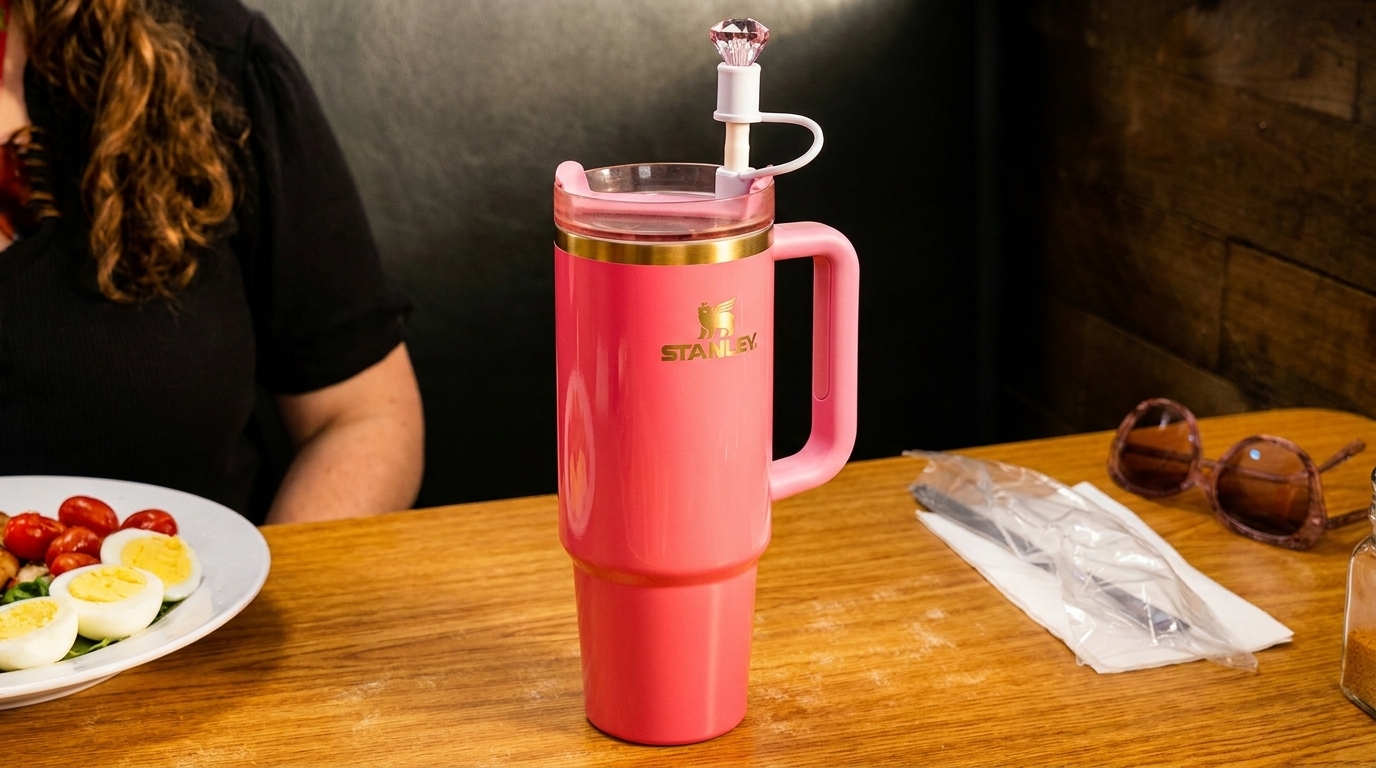 A pink Stanley tumbler with a diamond-shaped straw topper sits on a wooden table next to a salad.