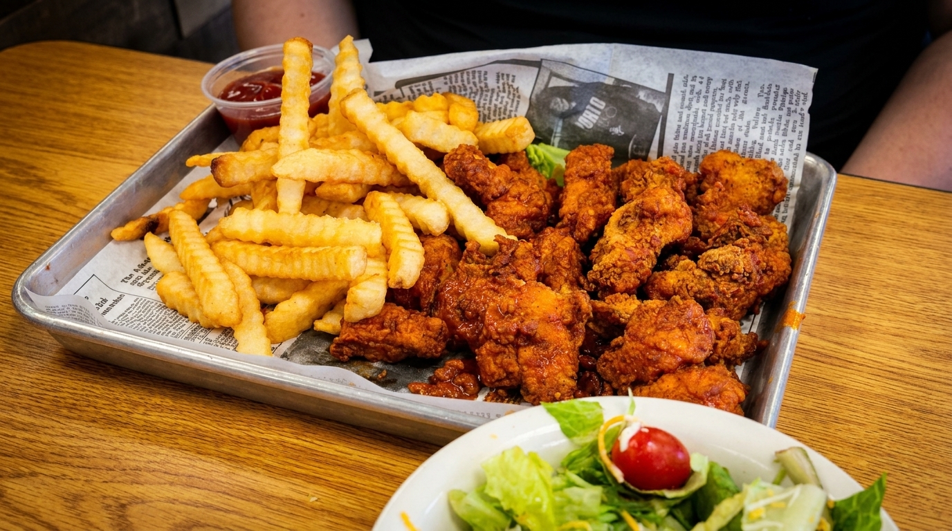 A metal tray with crispy fried chicken, crinkle-cut fries, ketchup, and a side salad.