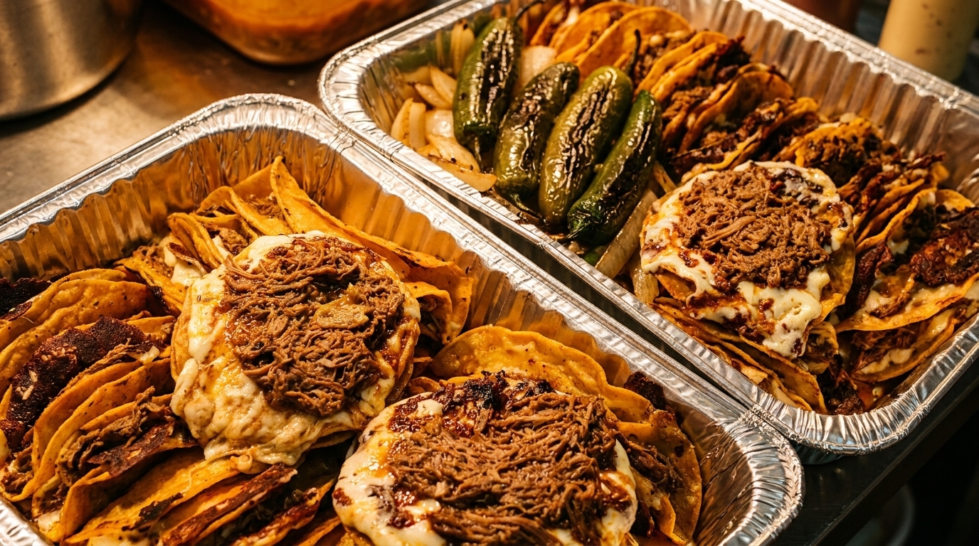 Two foil trays filled with cheesy birria tacos, grilled onions, and charred green peppers.