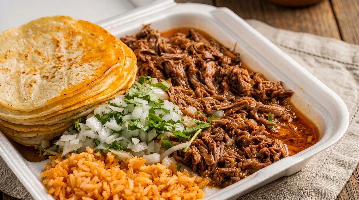 Birria de chivo with tortillas, rice, and diced onions and cilantro in a takeout container.