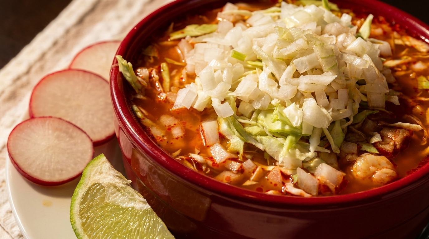 A red bowl of pozole with shrimp, topped with diced onions and shredded cabbage, served with lime and radishes.