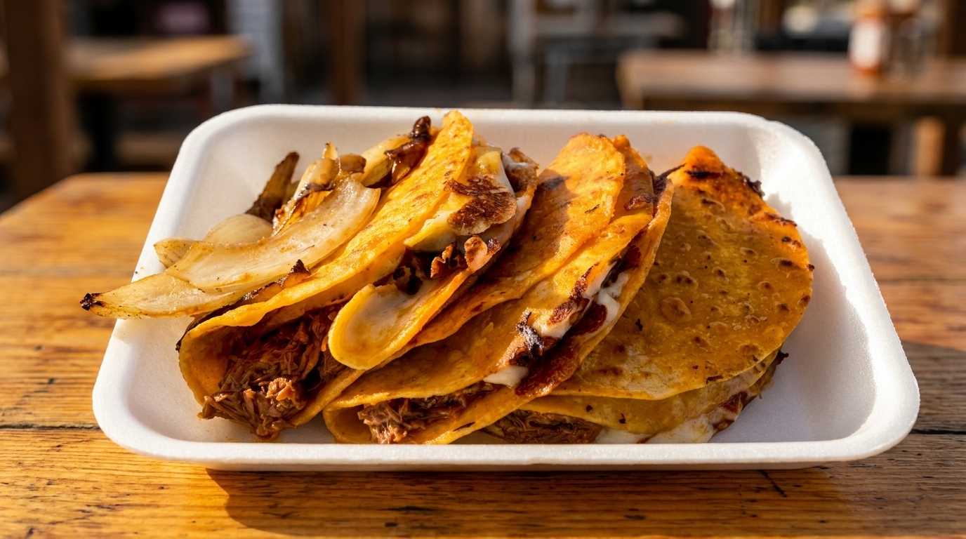 A white takeout container holds several golden-brown birria tacos with melted cheese and grilled onions.