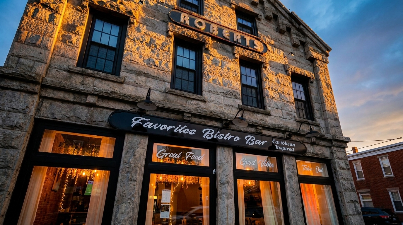 Stone building with "Favorites Bistro Bar" sign, glowing windows, and "Roberts" carved above.