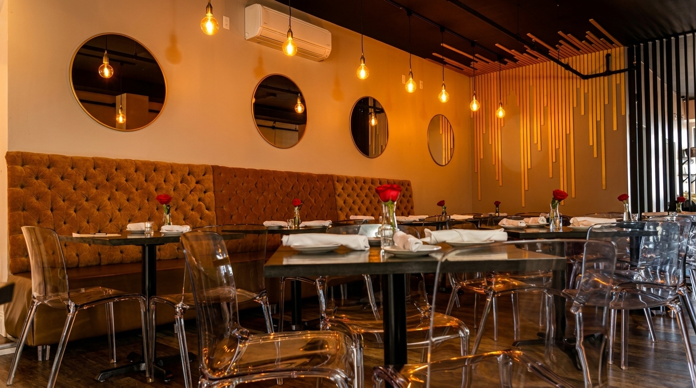 Modern restaurant interior with tufted orange banquettes, round mirrors, clear chairs, and pendant lights.