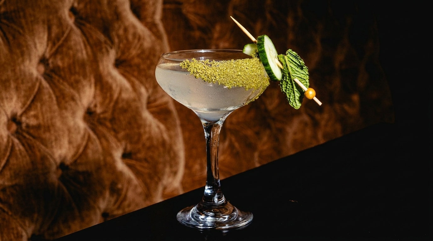 A cocktail in a coupe glass, garnished with green sugar, cucumber, and mint, on a dark surface.