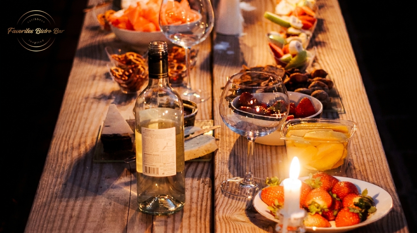 A rustic wooden table set with wine, cheese, fruit, and snacks, illuminated by candlelight.