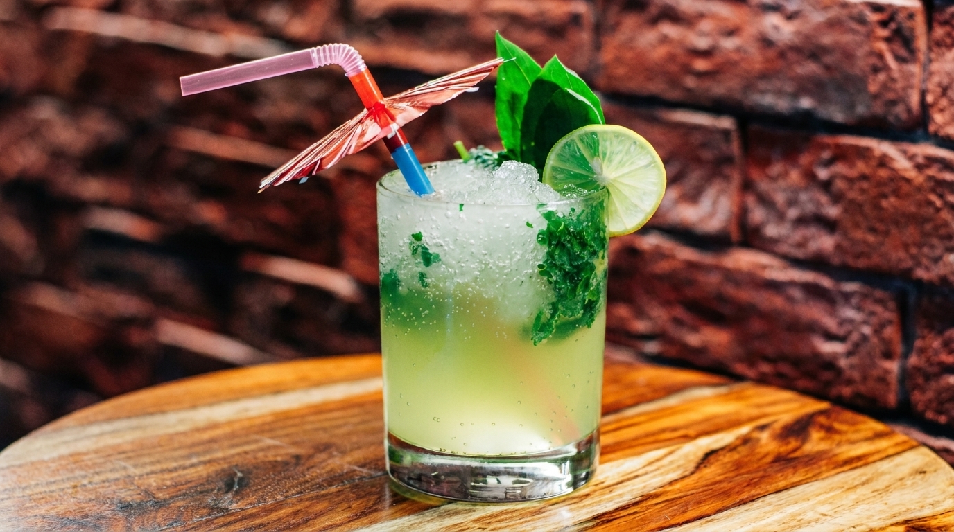 Refreshing mojito cocktail with crushed ice, mint, lime, and a decorative umbrella on a wooden table.