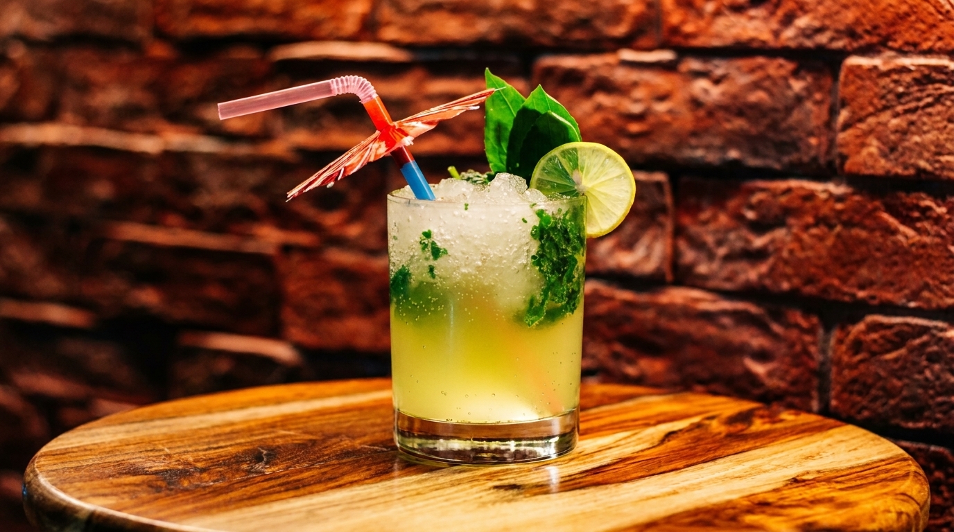 A mojito cocktail with lime, mint, and a decorative straw on a wooden table against a brick wall.