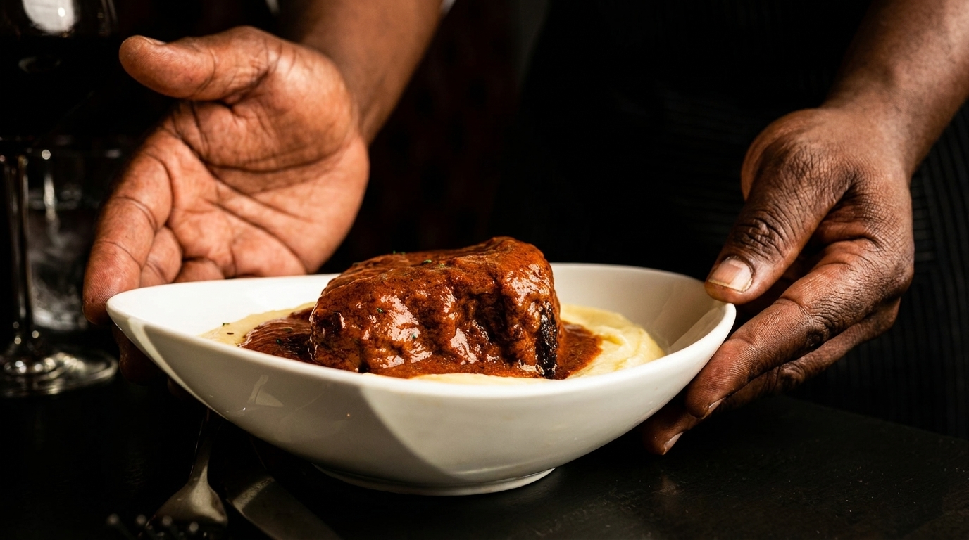 Hands presenting a white bowl of braised short rib with mashed potatoes and red wine.