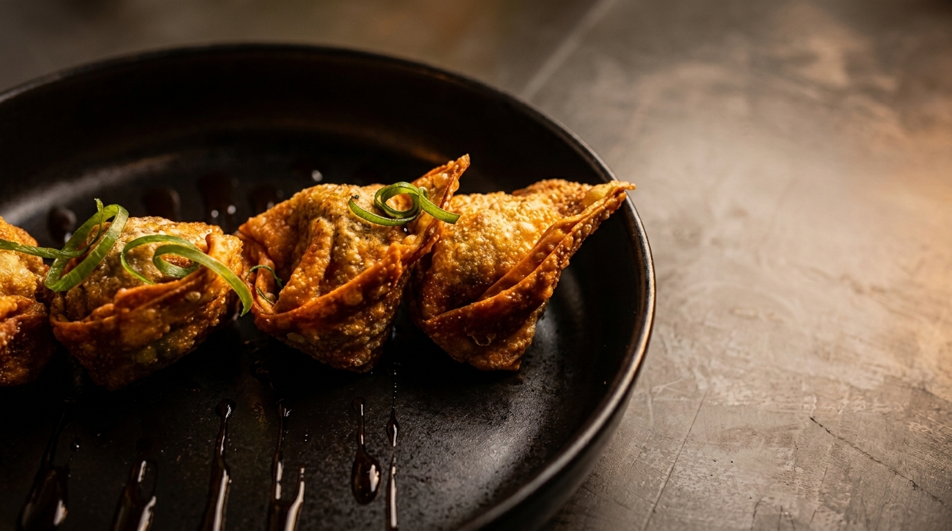 Crispy fried wontons garnished with green onions and a dark sauce on a black plate.
