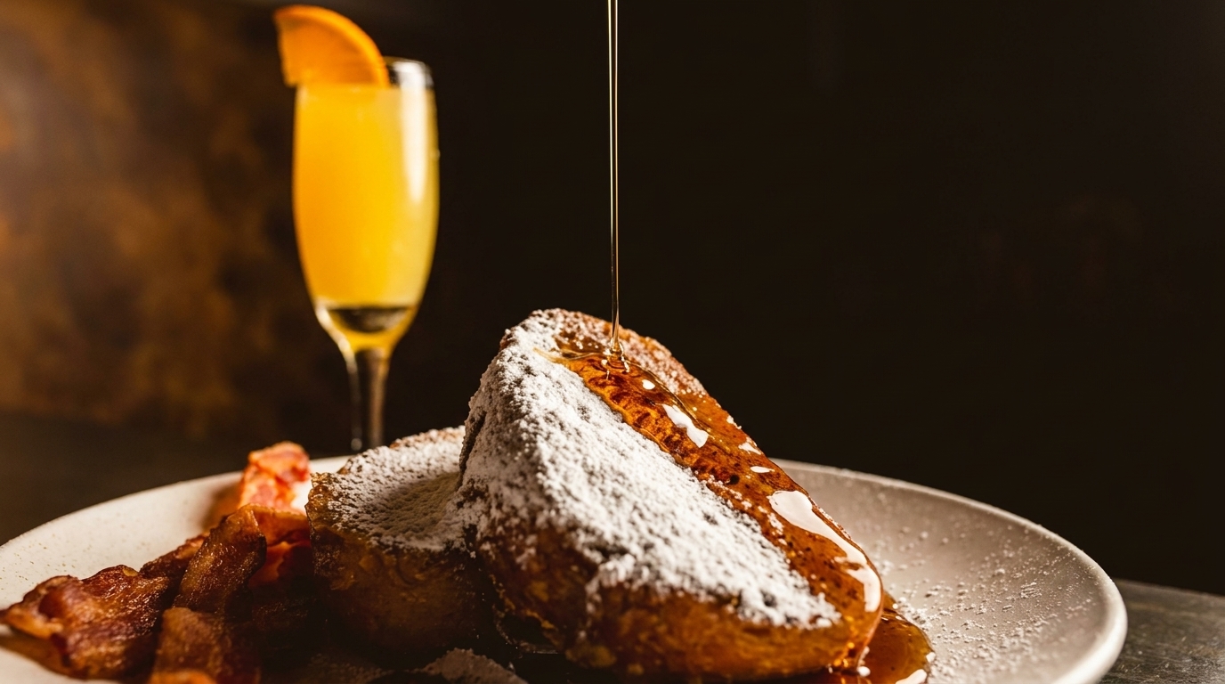 Maple syrup pouring over powdered sugar French toast with bacon and a mimosa.